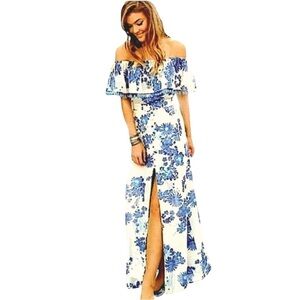 Z&L Floral Off-Shoulder Pom Pom Maxi Dress